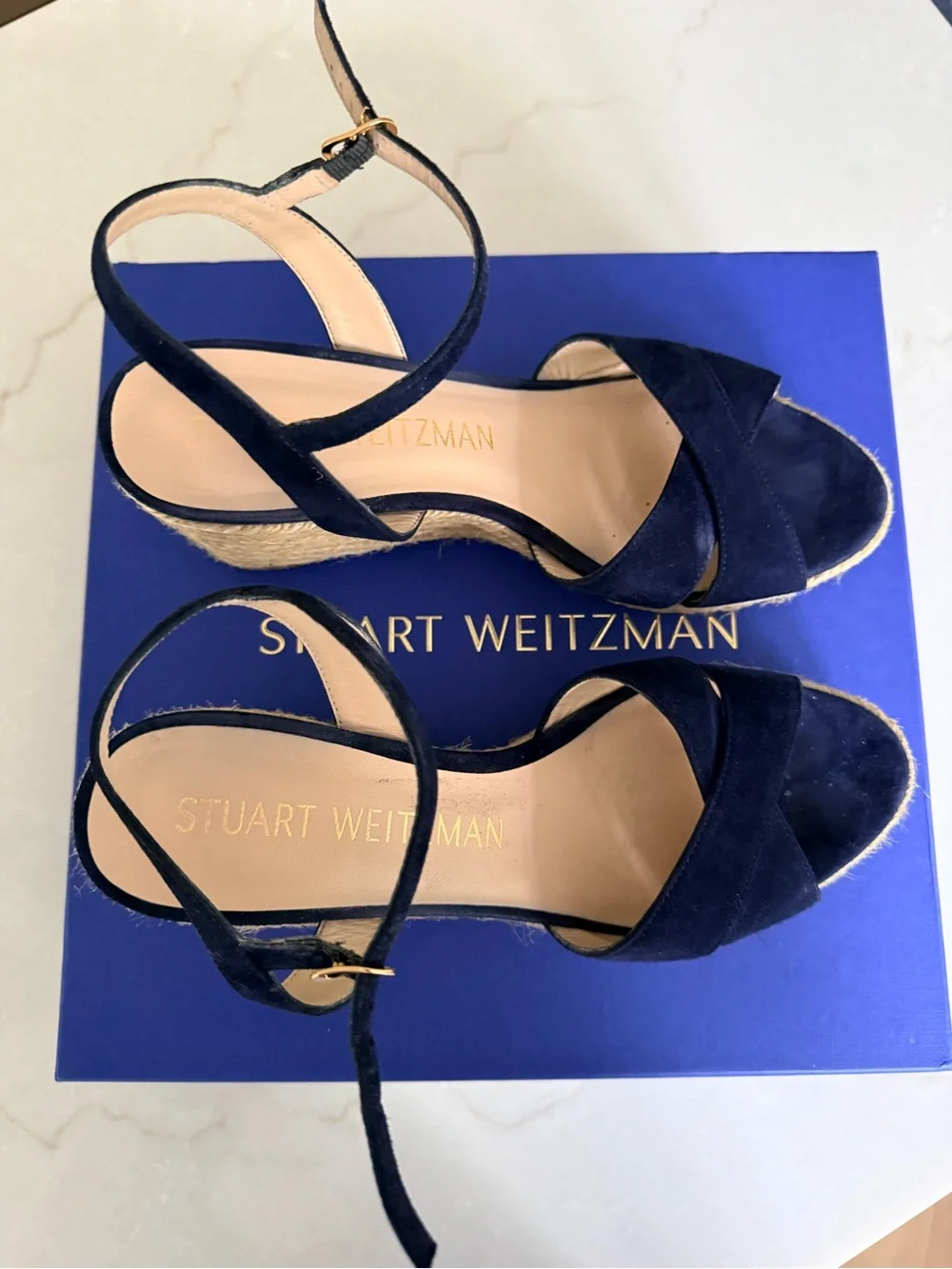 Stuart Weitzman Navy Suede Crisscross Ankle‑Strap Espadrille Wedges